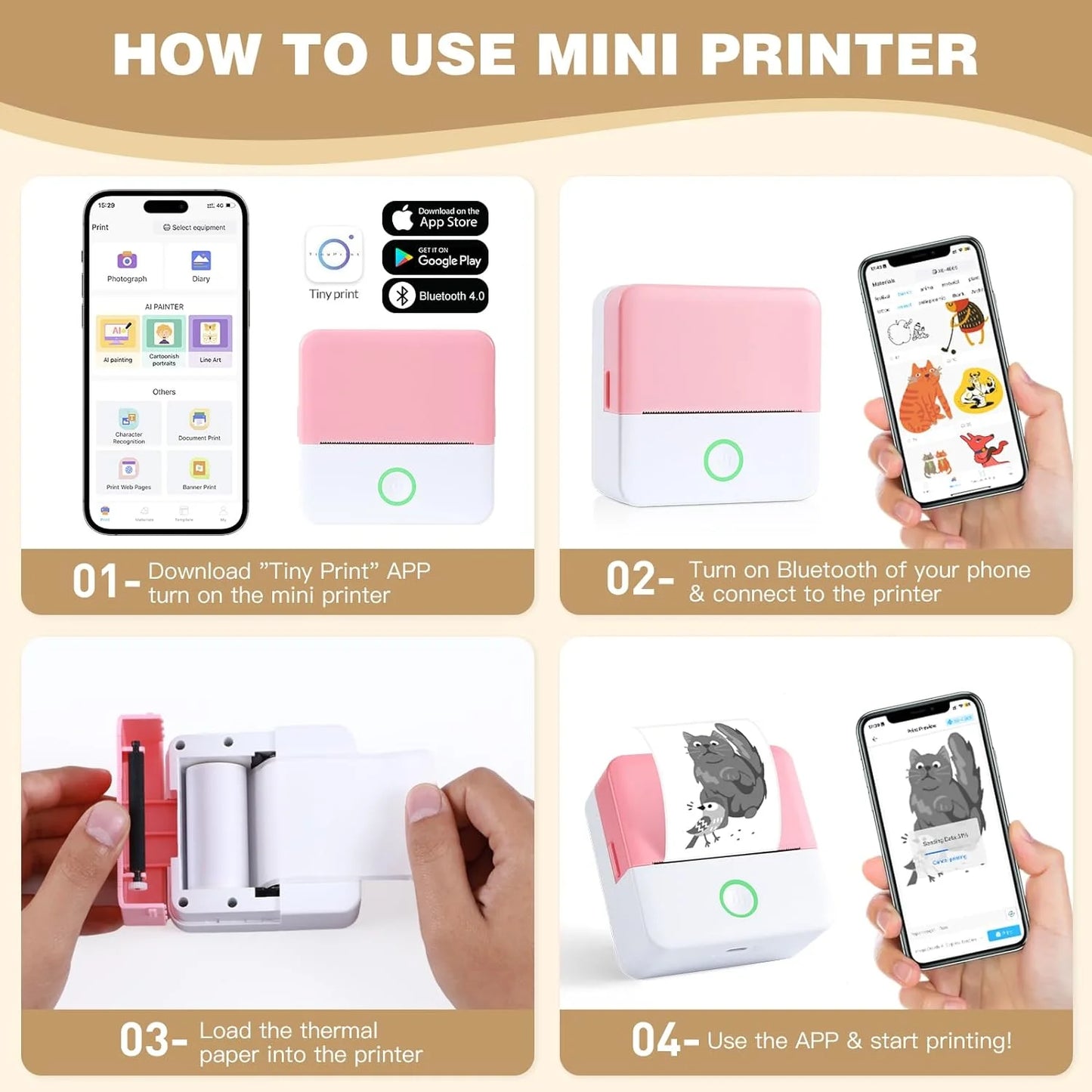 Thermal Mini Printer, Portable Inkless Sticker Maker, Bluetooth Printer