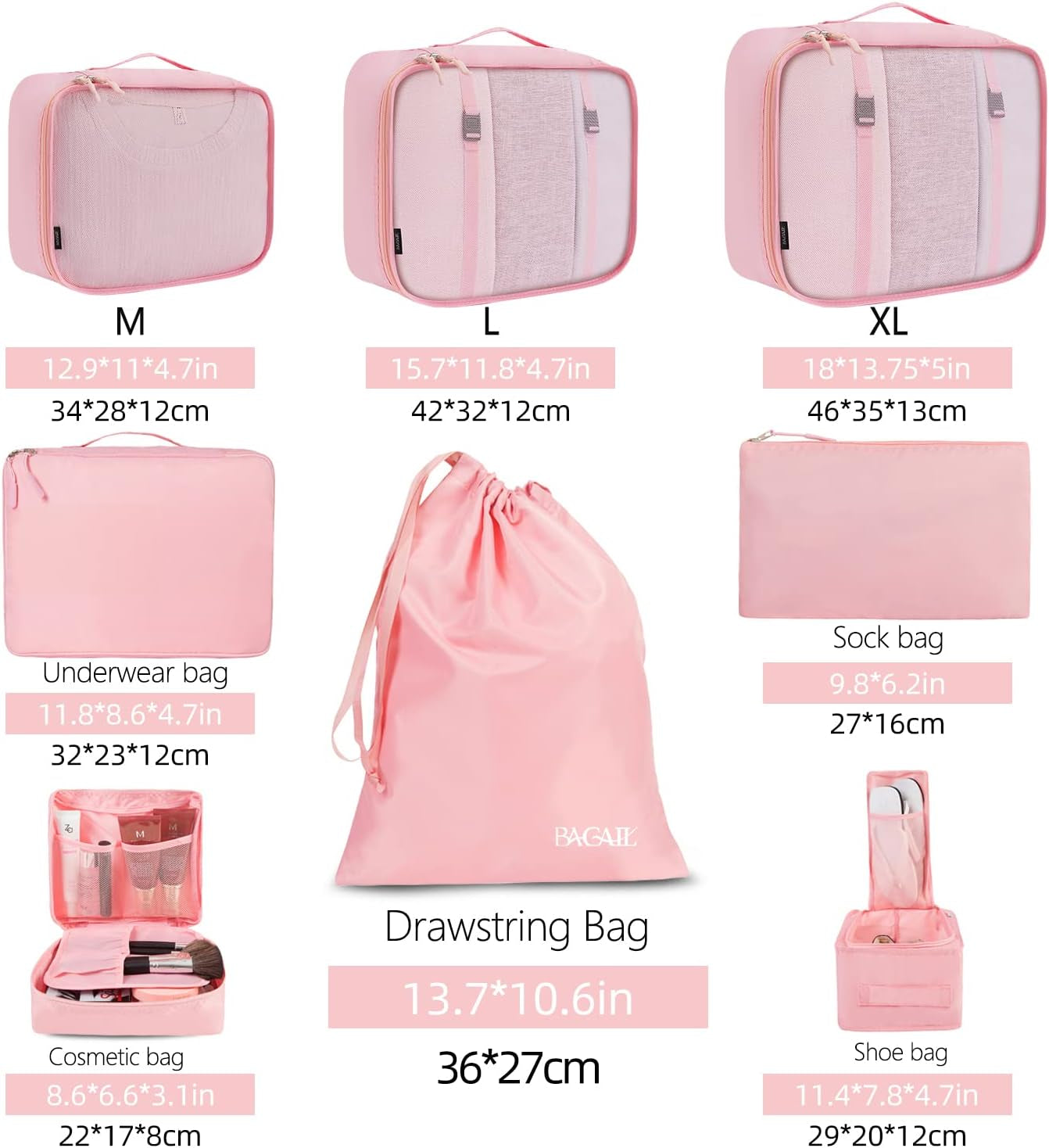 8 Set Packing Organizers for Travel Accessories (Blush Pink)
