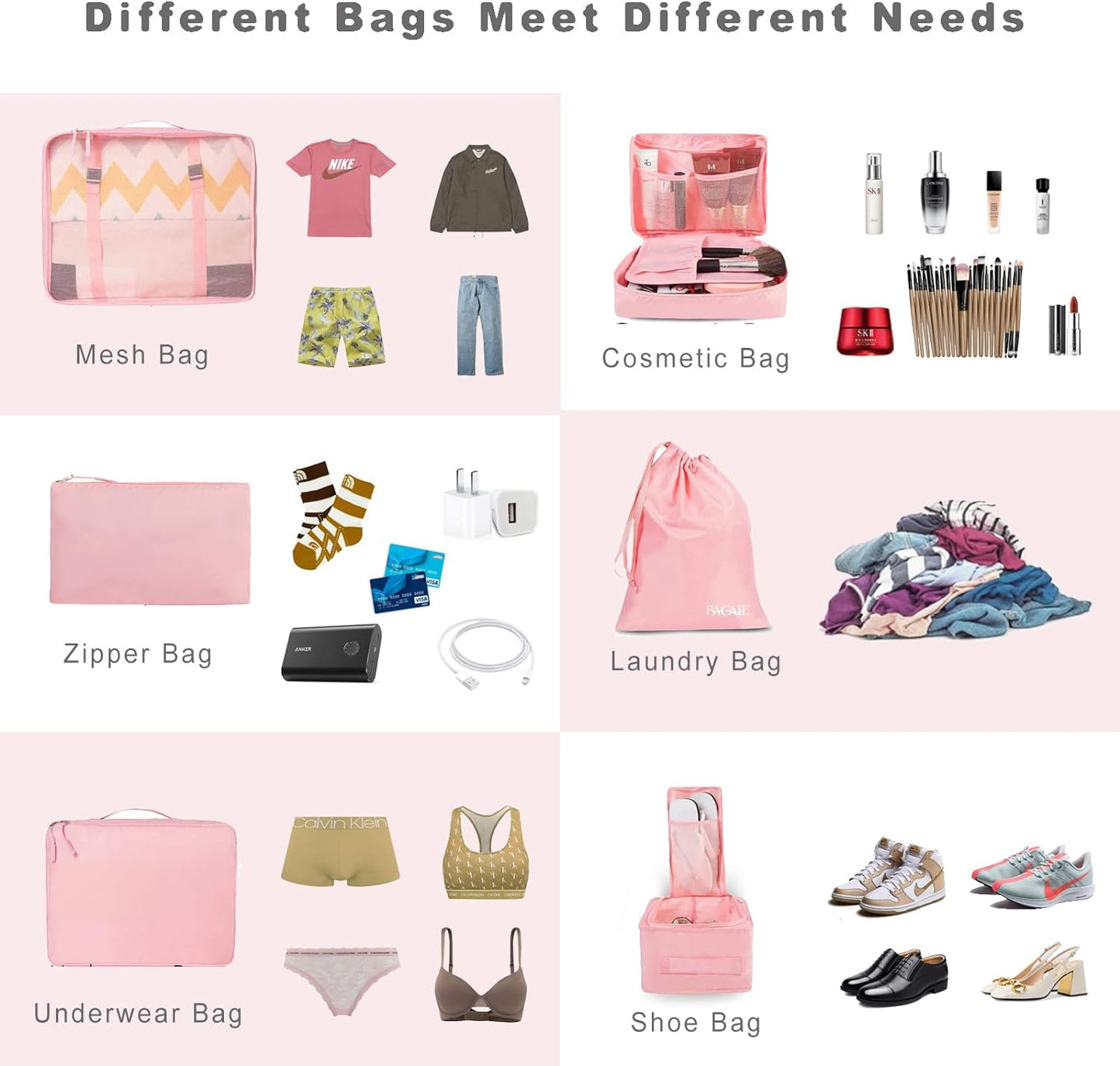 8 Set Packing Organizers for Travel Accessories (Blush Pink)