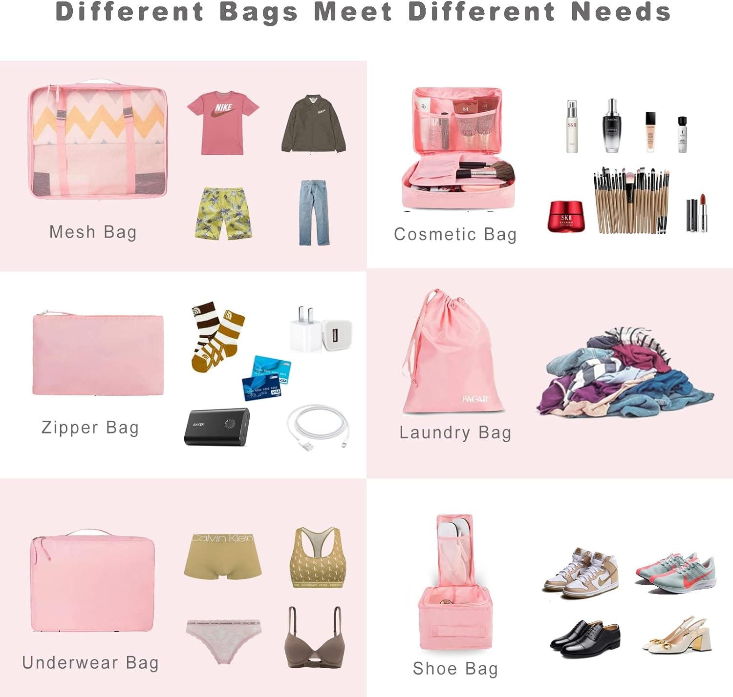 8 Set Packing Organizers for Travel Accessories (Blush Pink)