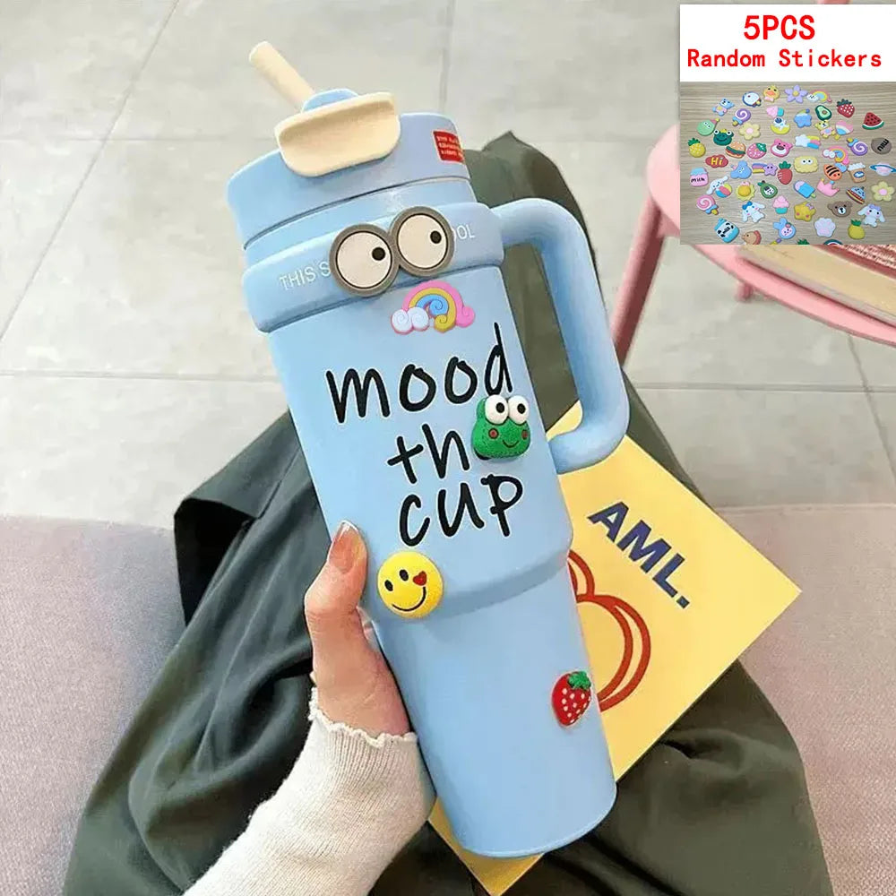 Cute 32oz Stainless Steel Thermos Bottle – Hot & Cold with Straw