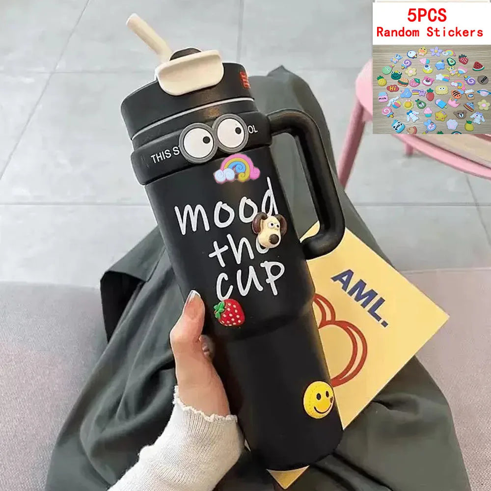Cute 32oz Stainless Steel Thermos Bottle – Hot & Cold with Straw