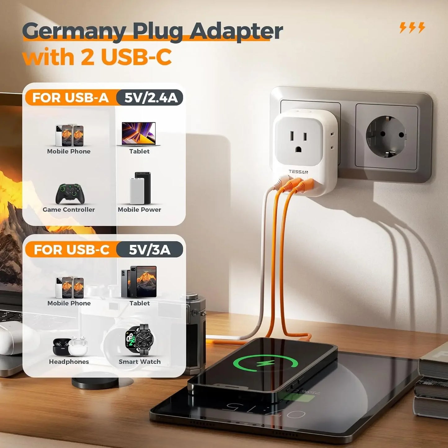 US to EU Plug Adapter – 4 Outlets & 3 USB Ports for Europe Travel