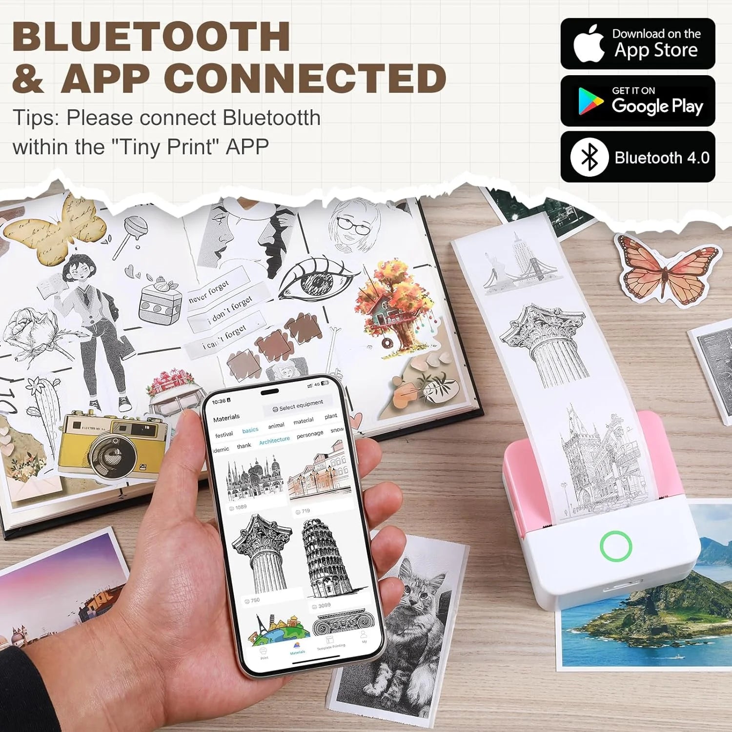 Thermal Mini Printer, Portable Inkless Sticker Maker, Bluetooth Printer