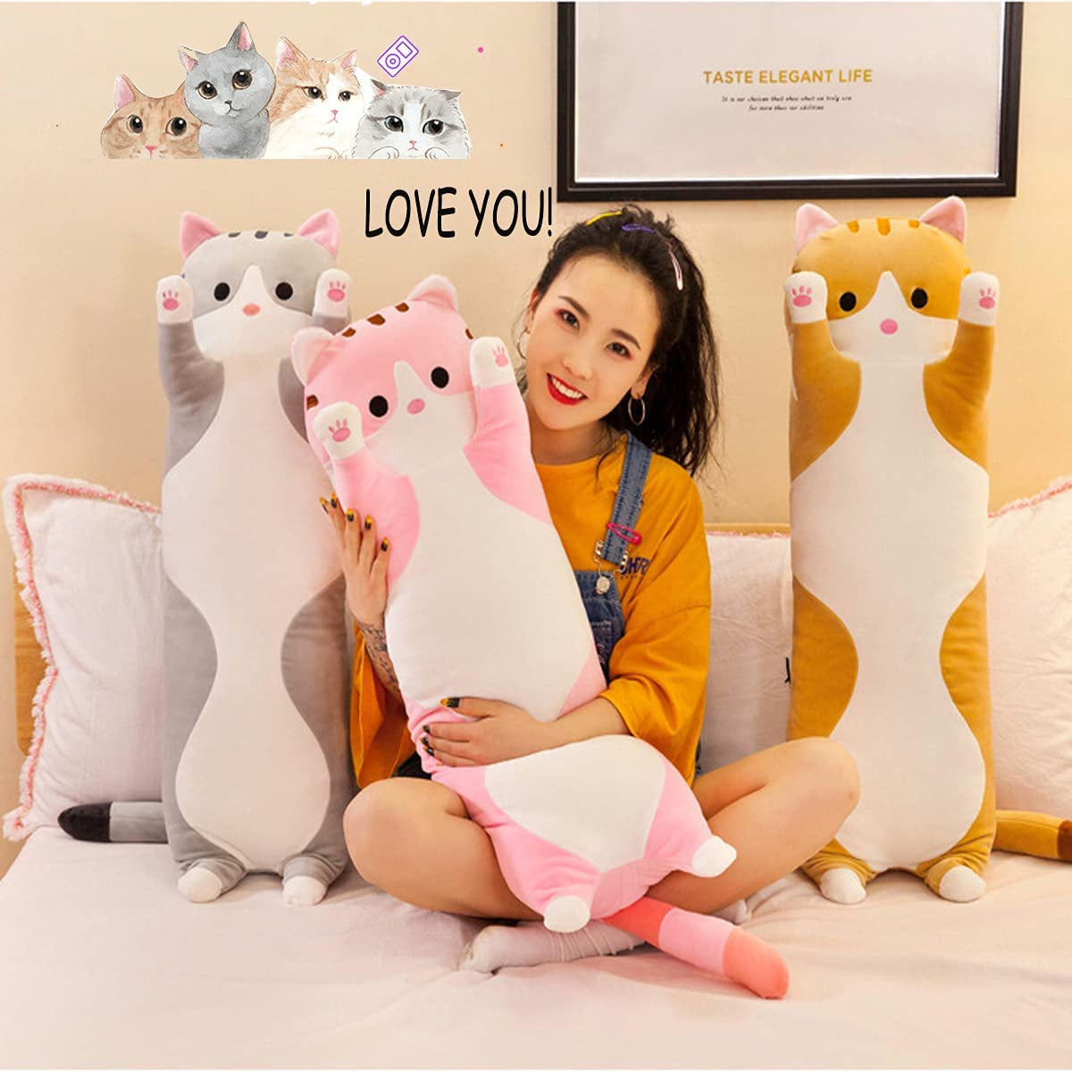 Long Stuffed Cat Plush Pillow (Pink,27.5Inch)