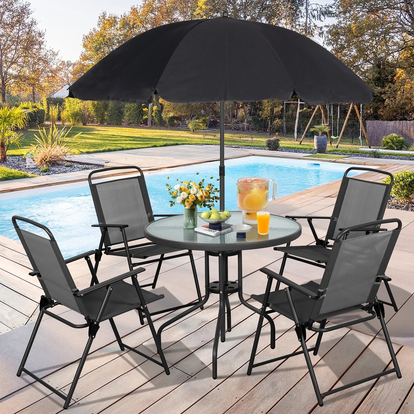 6 Piece Patio Dining Set with Umbrella, Outdoor Garden Set with 4 Folding Chairs 