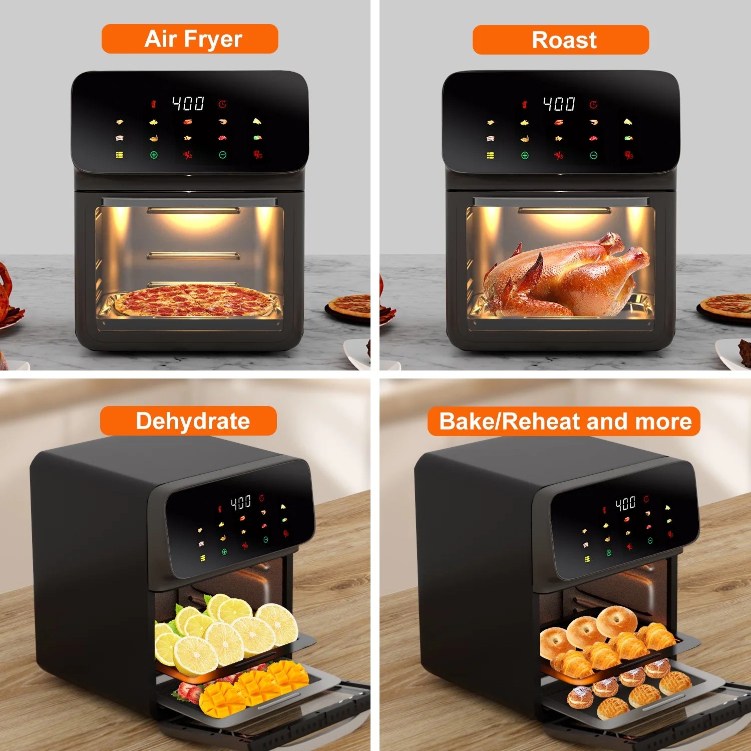 12QT Air Fryer Oven - 10-in-1 with Touchscreen & Window, Black