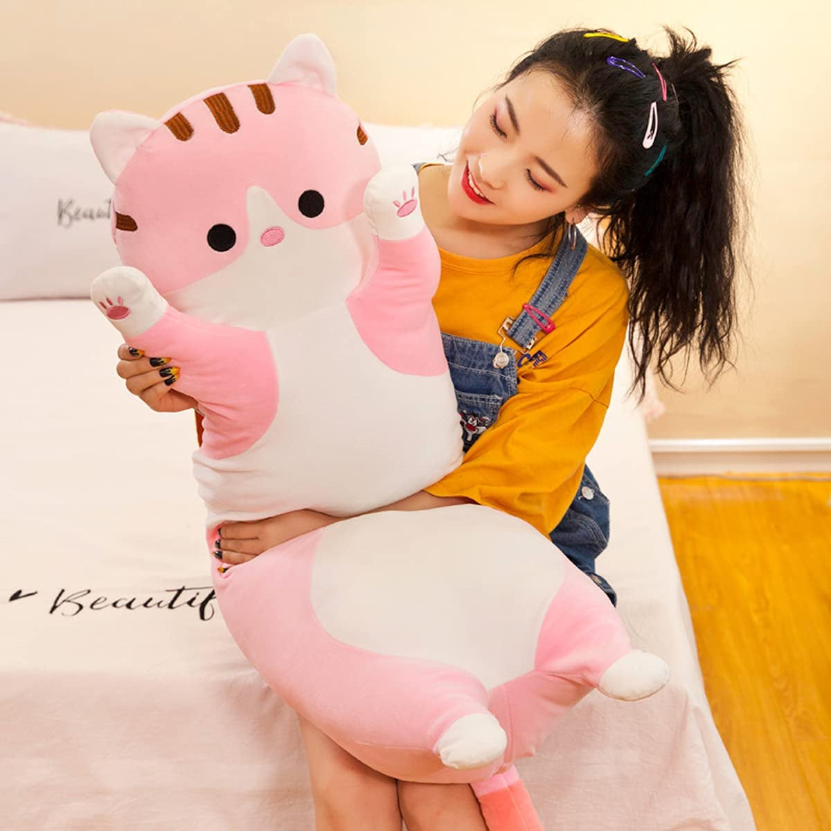 Long Stuffed Cat Plush Pillow (Pink,27.5Inch)