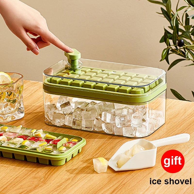 64 Grids One-Button Press Ice Cube Tray with Storage Box 2 Layers 