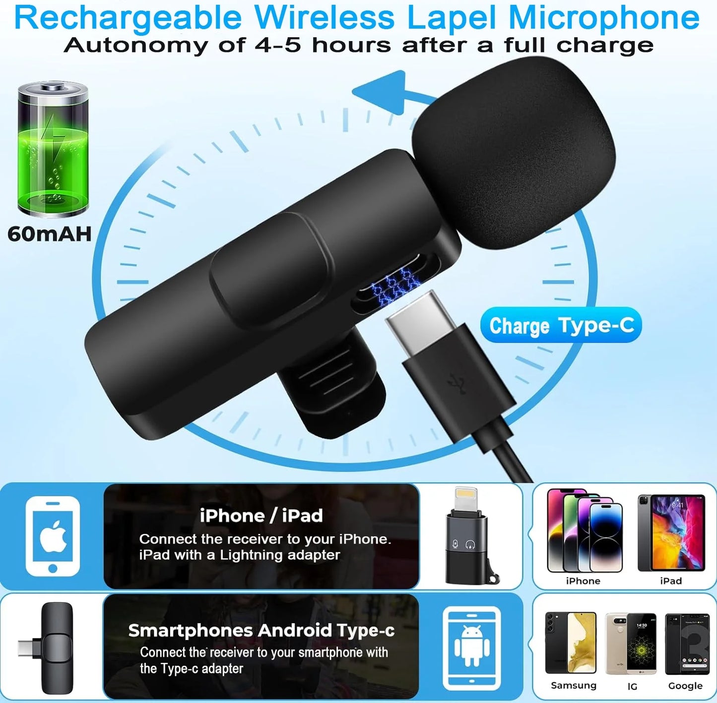 Wireless Lavalier Microphone - For Phones, Tablets & Laptops