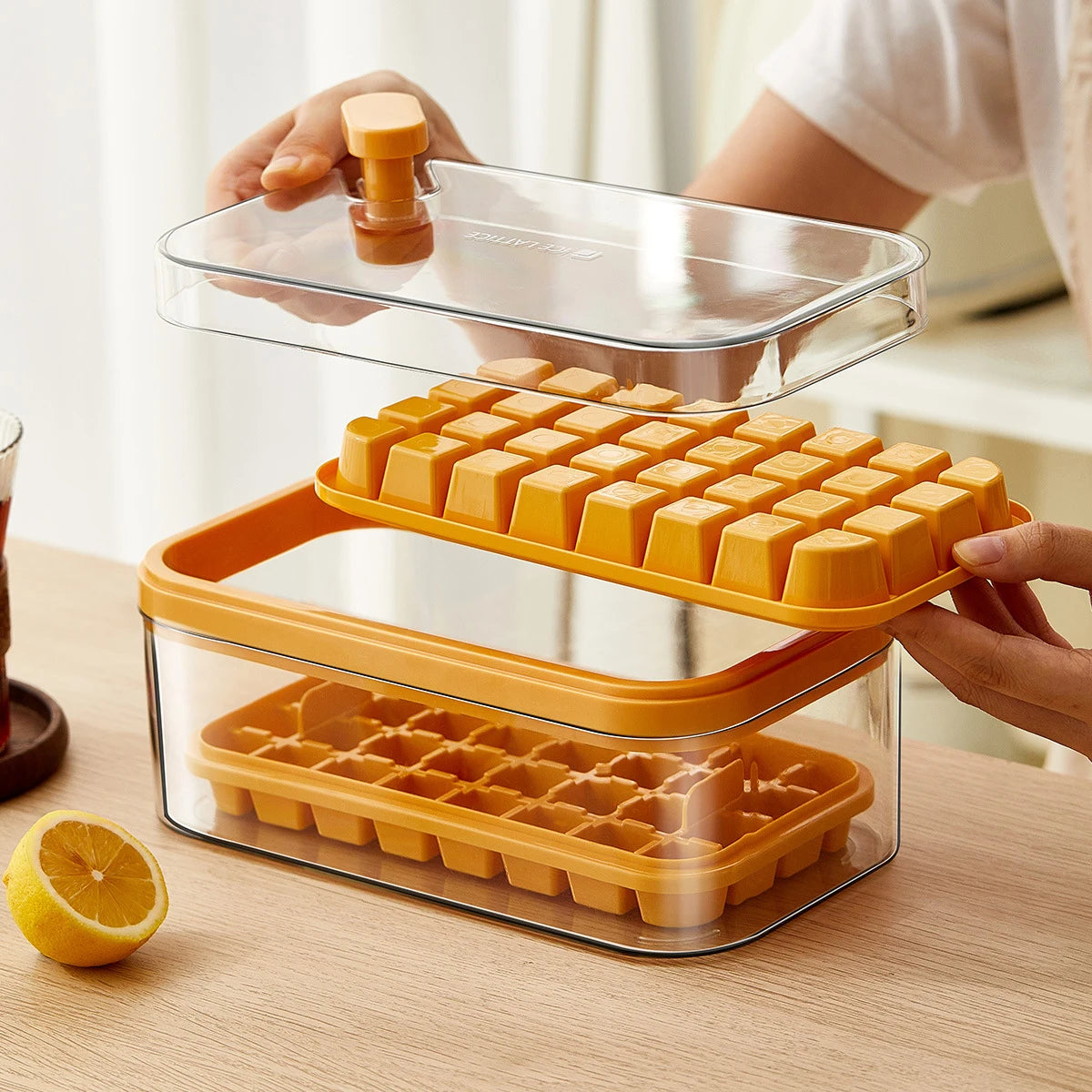 64 Grids One-Button Press Ice Cube Tray with Storage Box 2 Layers 