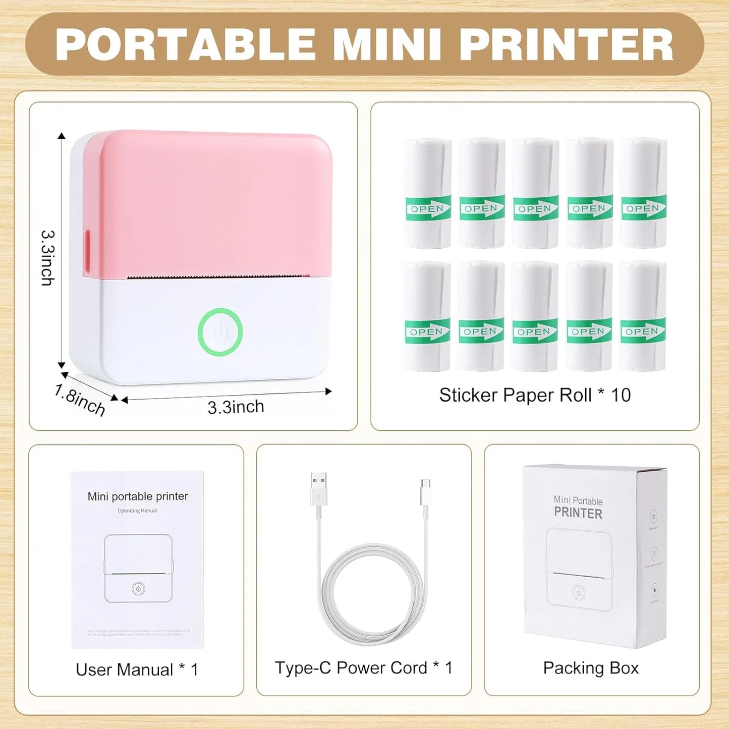 Thermal Mini Printer, Portable Inkless Sticker Maker, Bluetooth Printer 