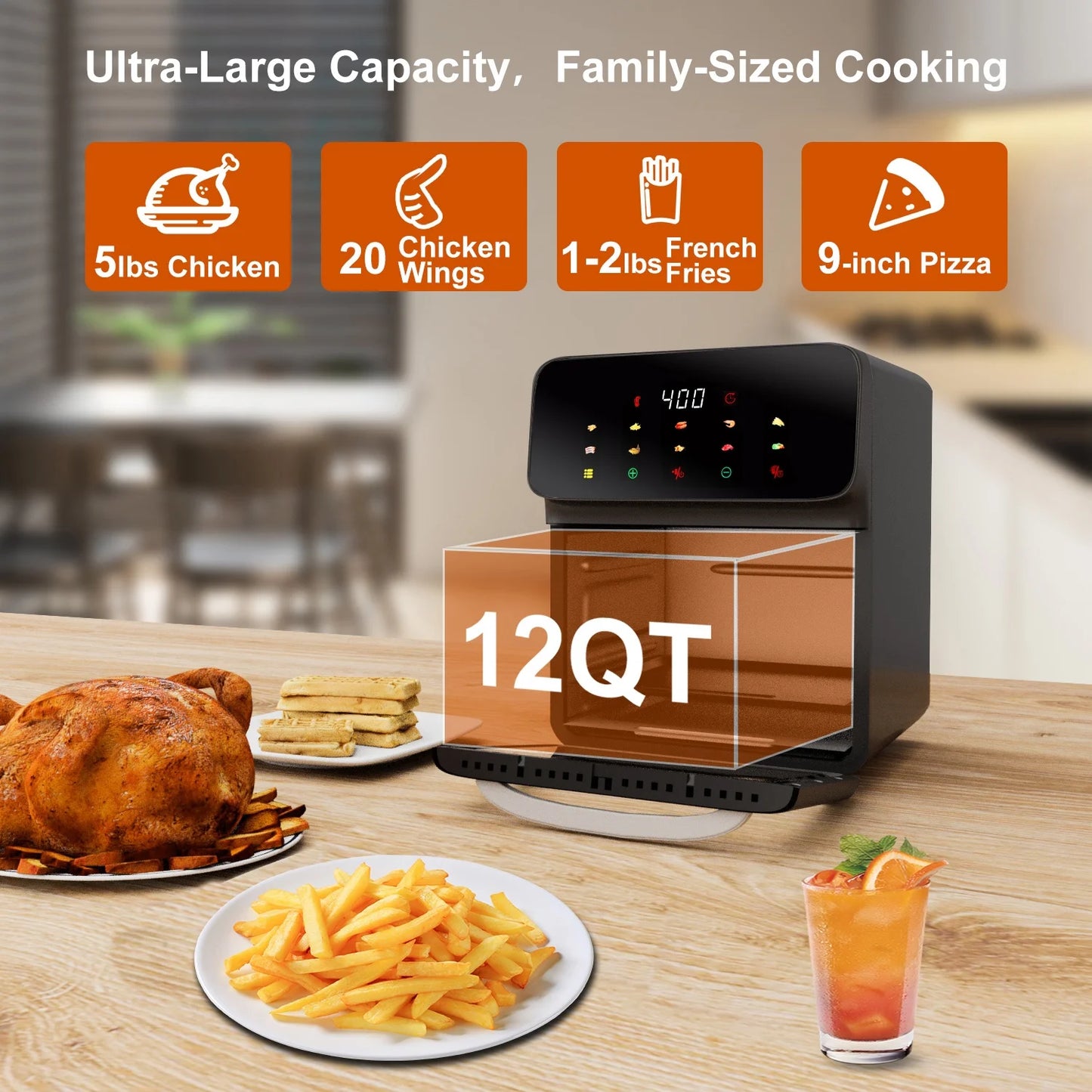 12QT Air Fryer Oven - 10-in-1 with Touchscreen & Window, Black