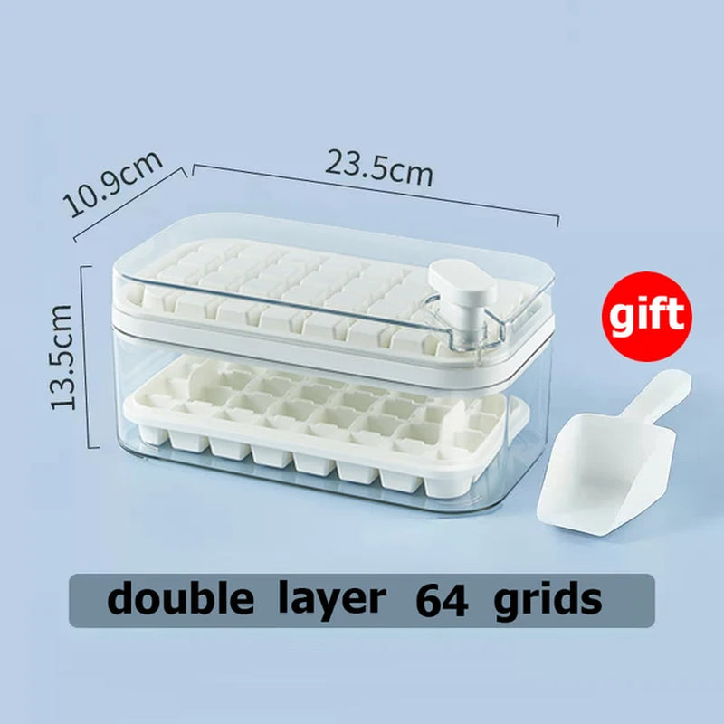 64 Grids One-Button Press Ice Cube Tray with Storage Box 2 Layers 