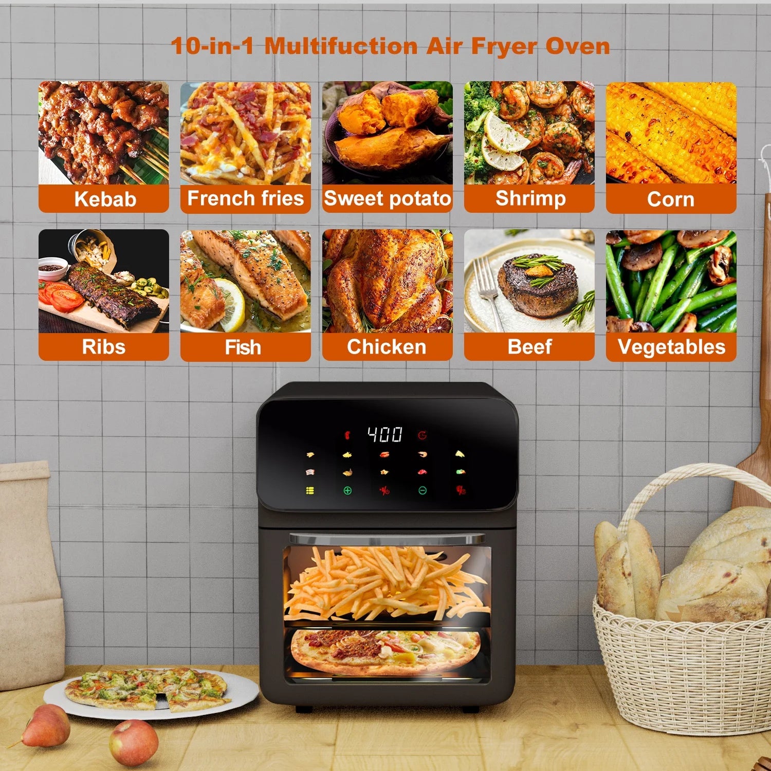 12QT Air Fryer Oven - 10-in-1 with Touchscreen & Window, Black