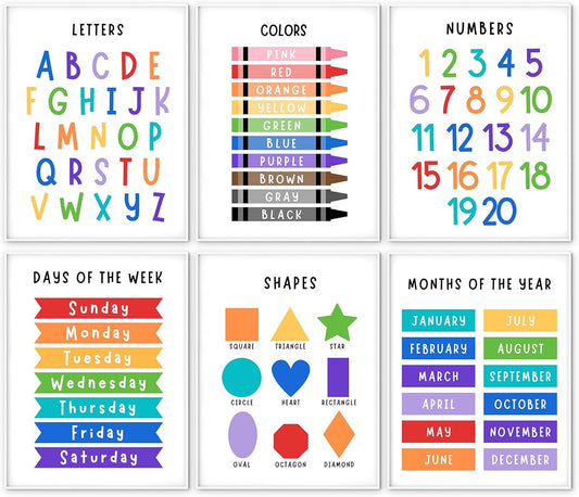 6 Learning Posters for Kids – Alphabet, Numbers, Colors & More – 11"x14" for Home or Classroom