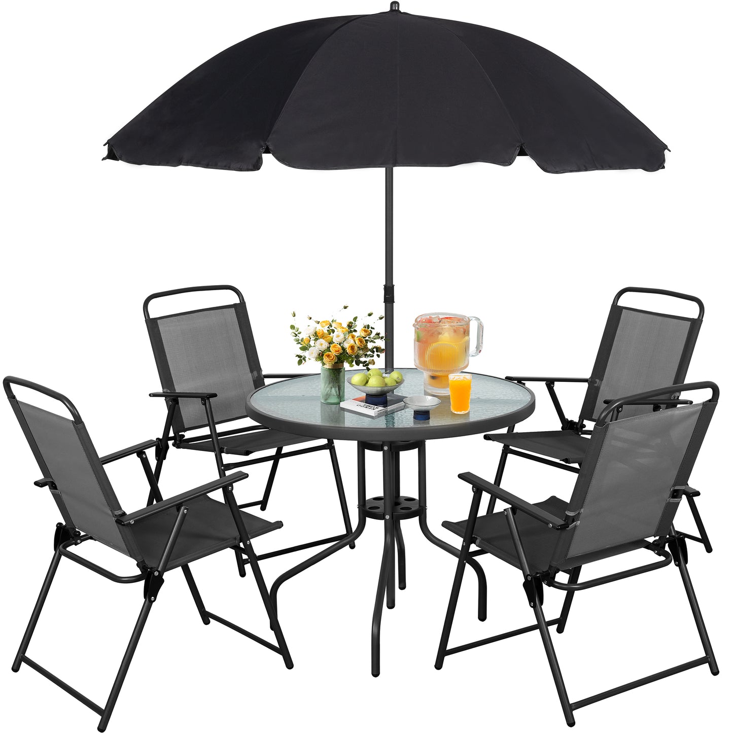 6 Piece Patio Dining Set with Umbrella, Outdoor Garden Set with 4 Folding Chairs 