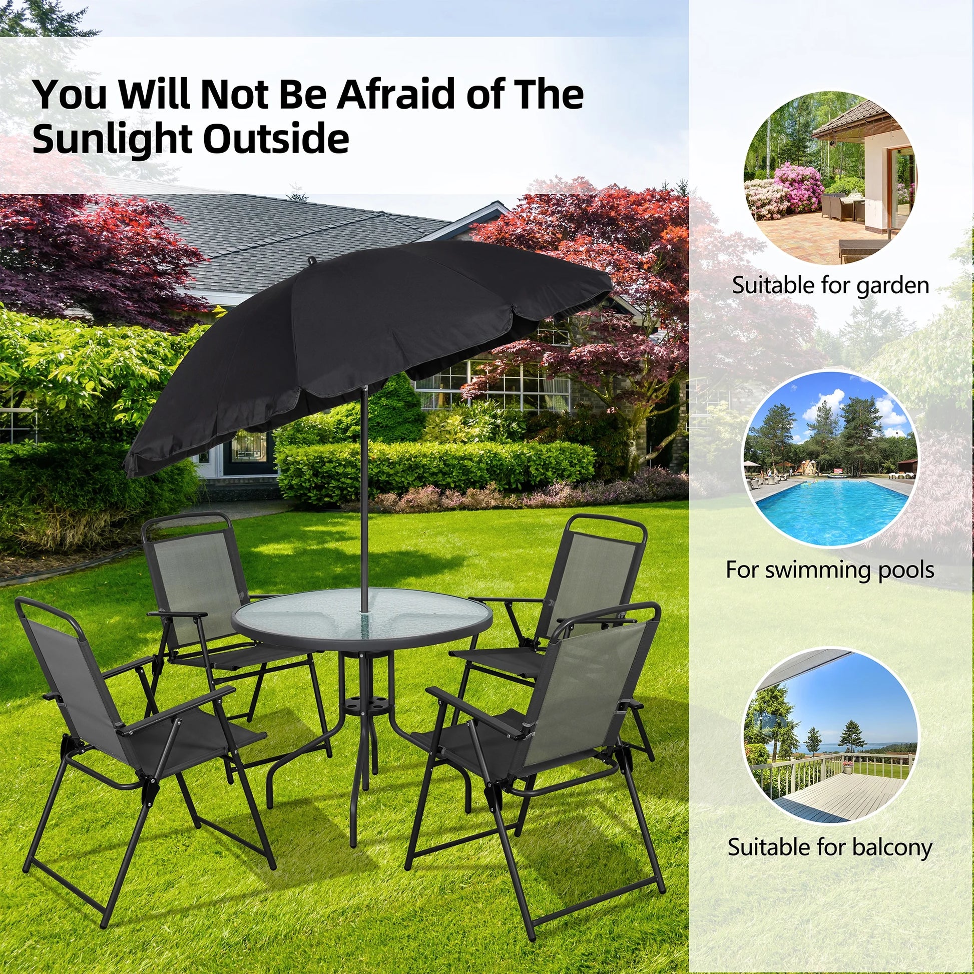 6 Piece Patio Dining Set with Umbrella, Outdoor Garden Set with 4 Folding Chairs 