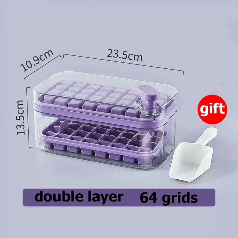 64 Grids One-Button Press Ice Cube Tray with Storage Box 2 Layers 