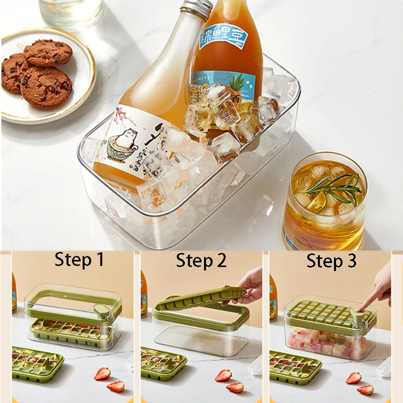 64 Grids One-Button Press Ice Cube Tray with Storage Box 2 Layers 