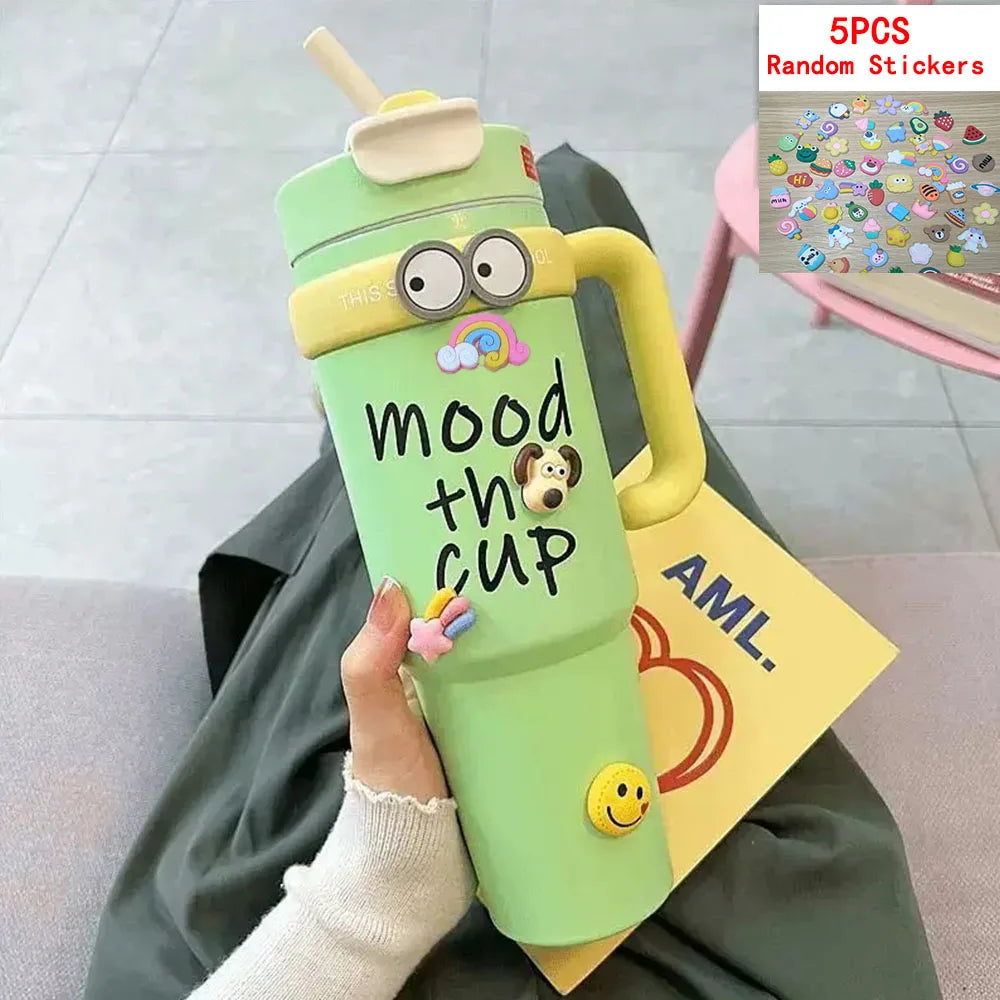  Cute 32oz Stainless Steel Thermos Bottle – Hot & Cold with Straw