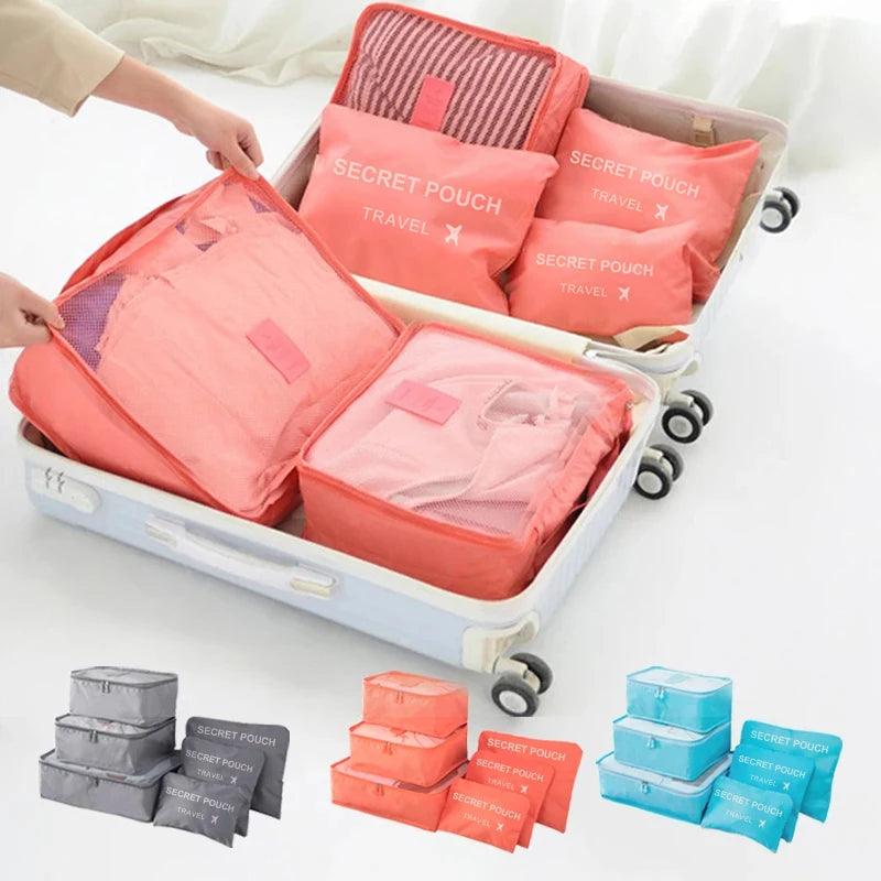 6-Piece Waterproof Travel Storage Bag Set – Pink/Blue/Grey, Zippered Organizer for Clothes & Underwear