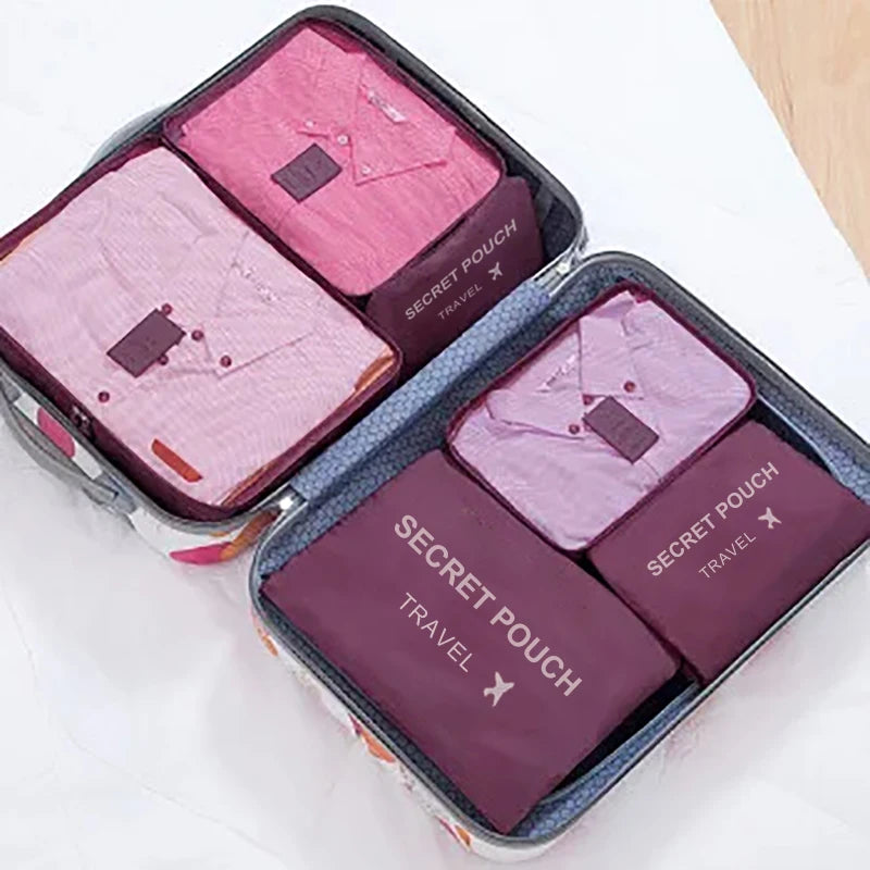 6-Piece Waterproof Travel Storage Bag Set – Pink/Blue/Grey, Zippered Organizer for Clothes & Underwear