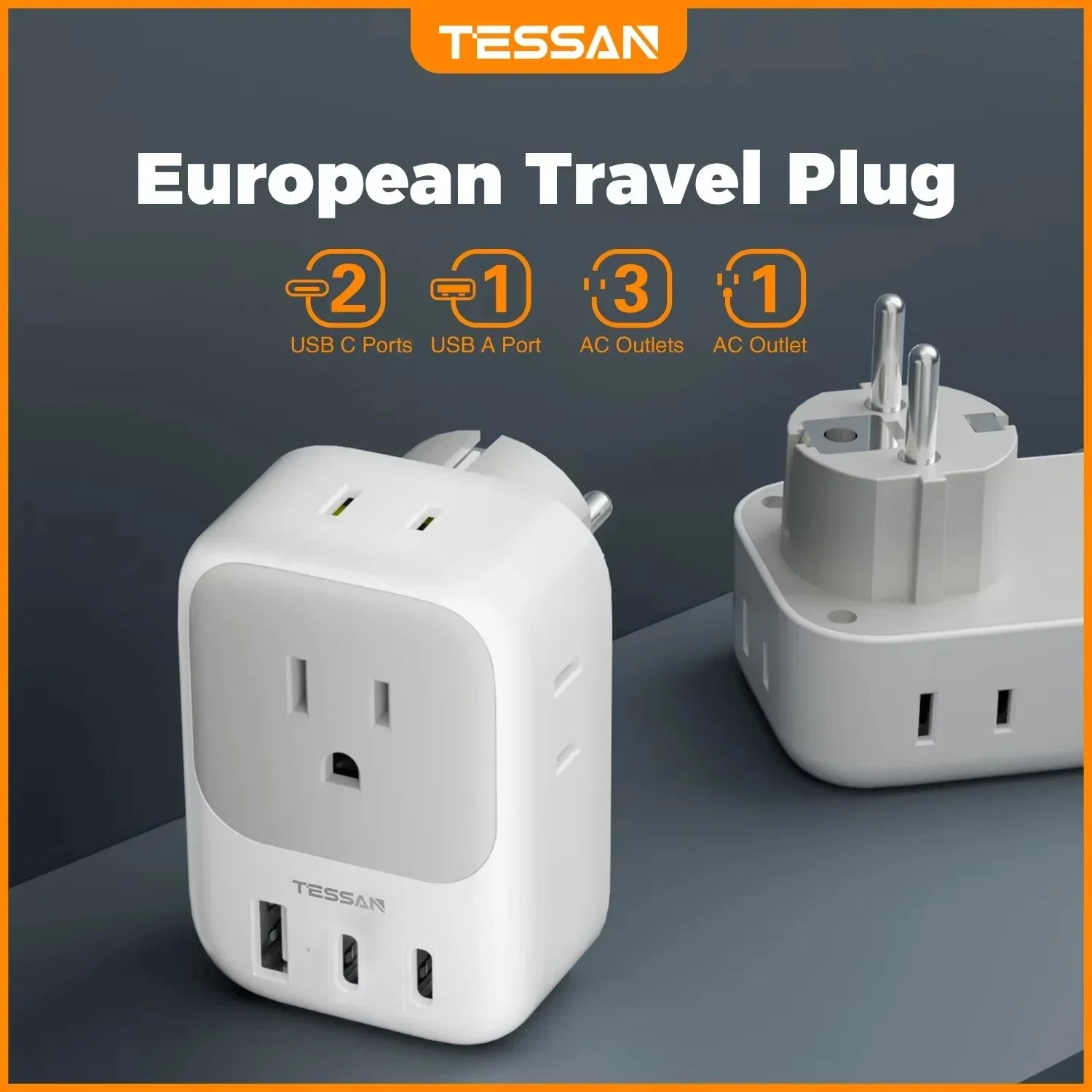 US to EU Plug Adapter – 4 Outlets & 3 USB Ports for Europe Travel