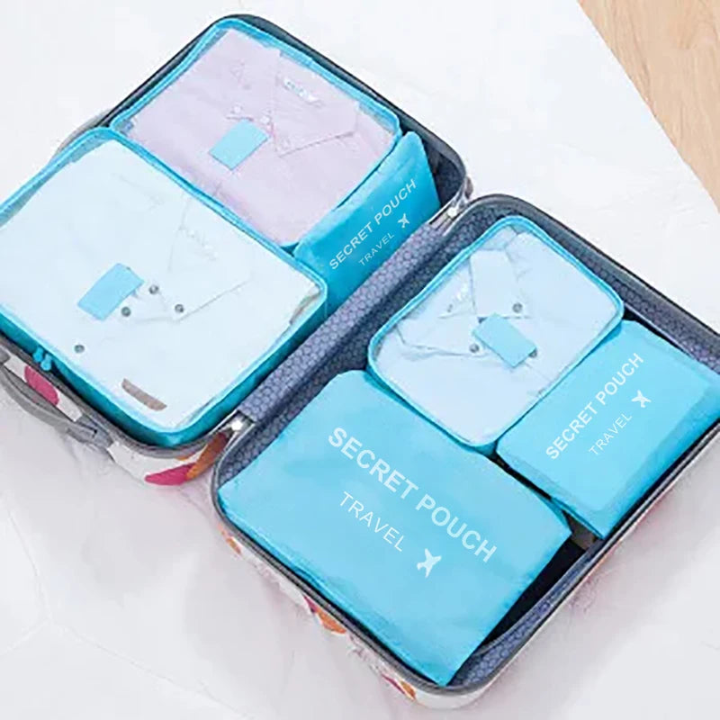 6-Piece Waterproof Travel Storage Bag Set – Pink/Blue/Grey, Zippered Organizer for Clothes & Underwear
