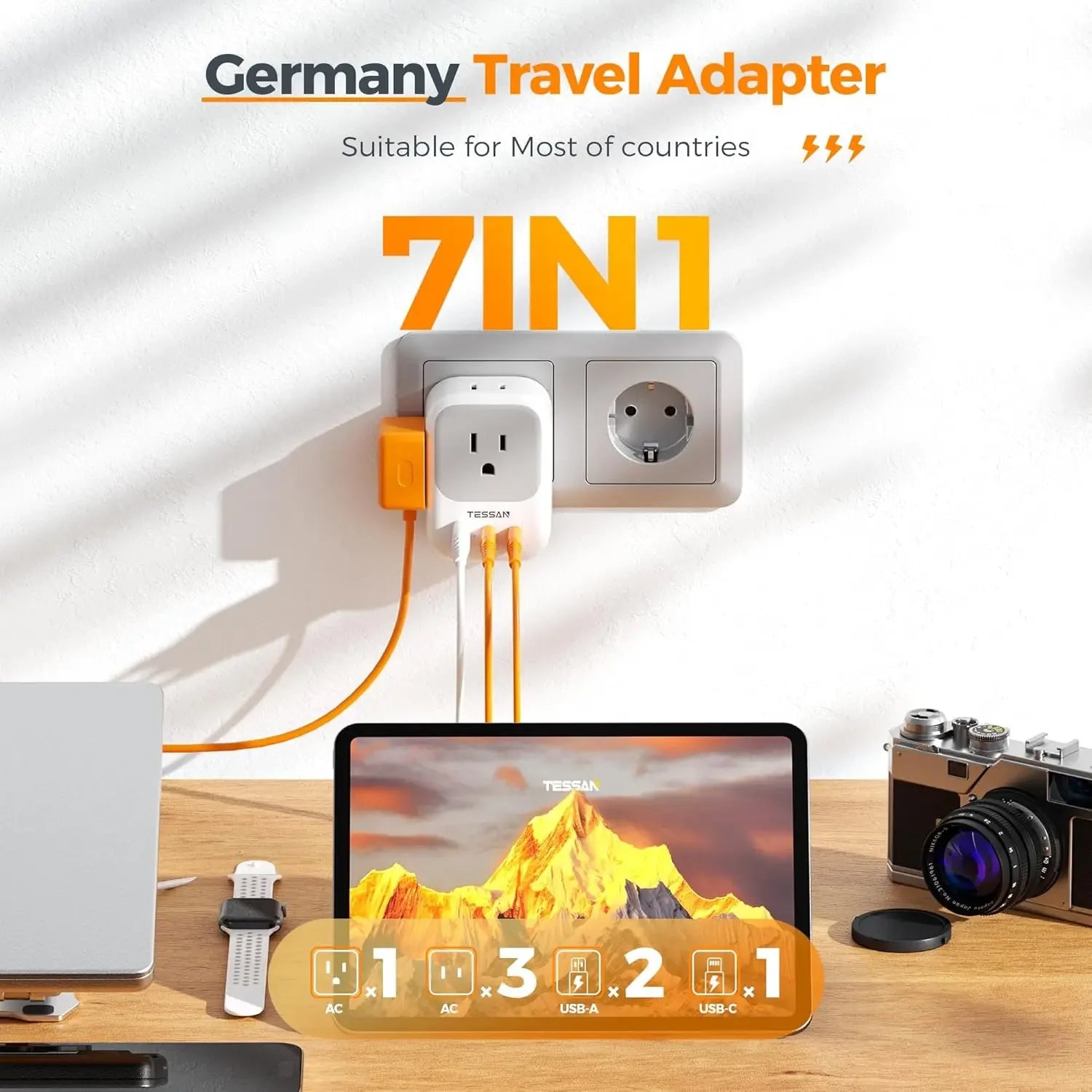 US to EU Plug Adapter – 4 Outlets & 3 USB Ports for Europe Travel