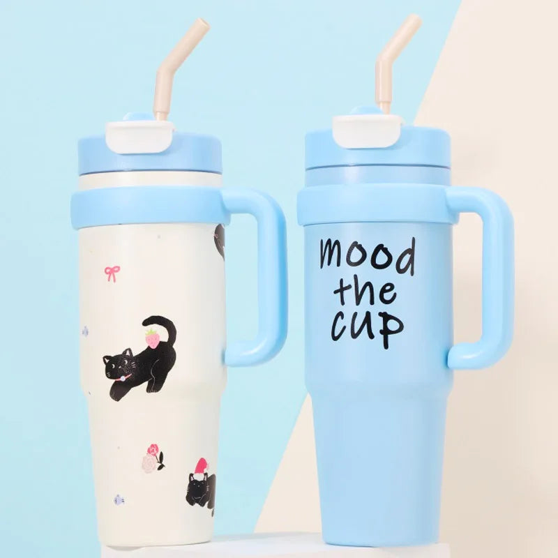 Cute 32oz Stainless Steel Thermos Bottle – Hot & Cold with Straw