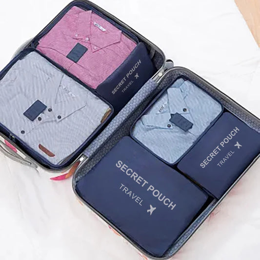6-Piece Waterproof Travel Storage Bag Set – Pink/Blue/Grey, Zippered Organizer for Clothes & Underwear
