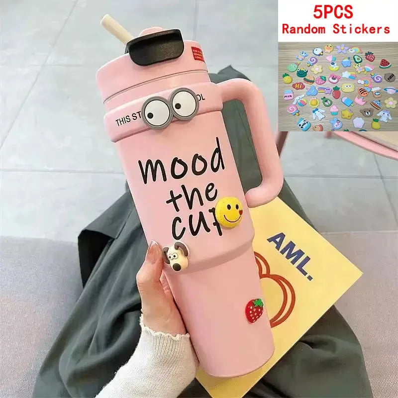  Cute 32oz Stainless Steel Thermos Bottle – Hot & Cold with Straw