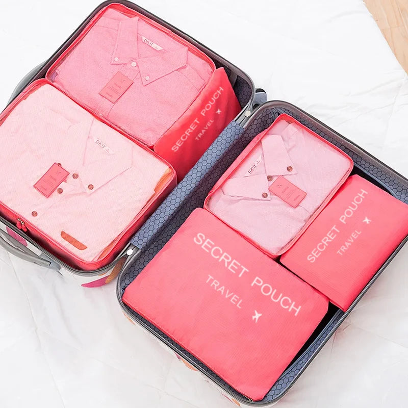 6-Piece Waterproof Travel Storage Bag Set – Pink/Blue/Grey, Zippered Organizer for Clothes & Underwear
