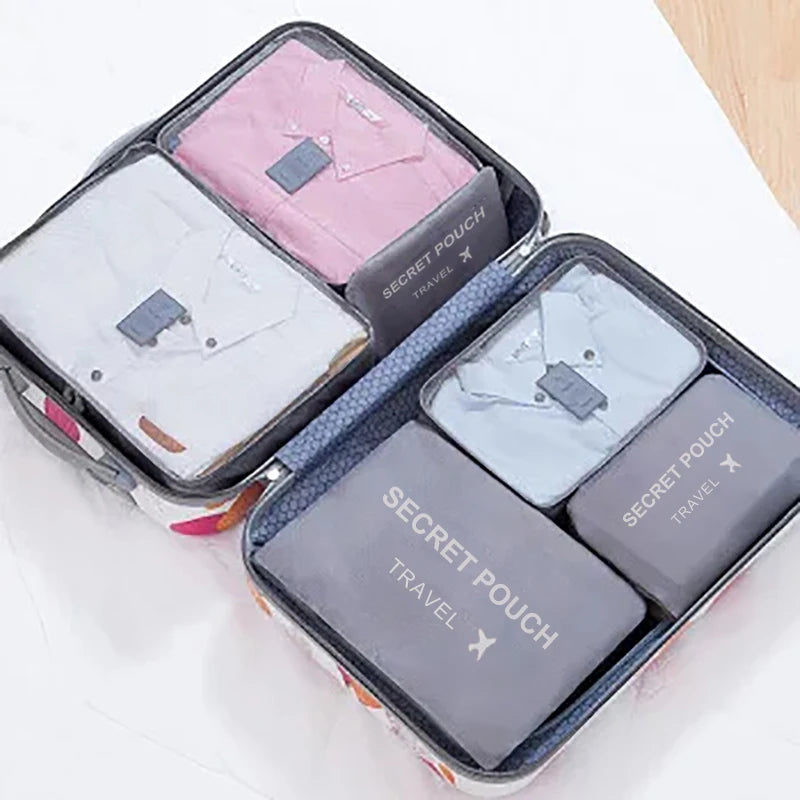 6-Piece Waterproof Travel Storage Bag Set – Pink/Blue/Grey, Zippered Organizer for Clothes & Underwear