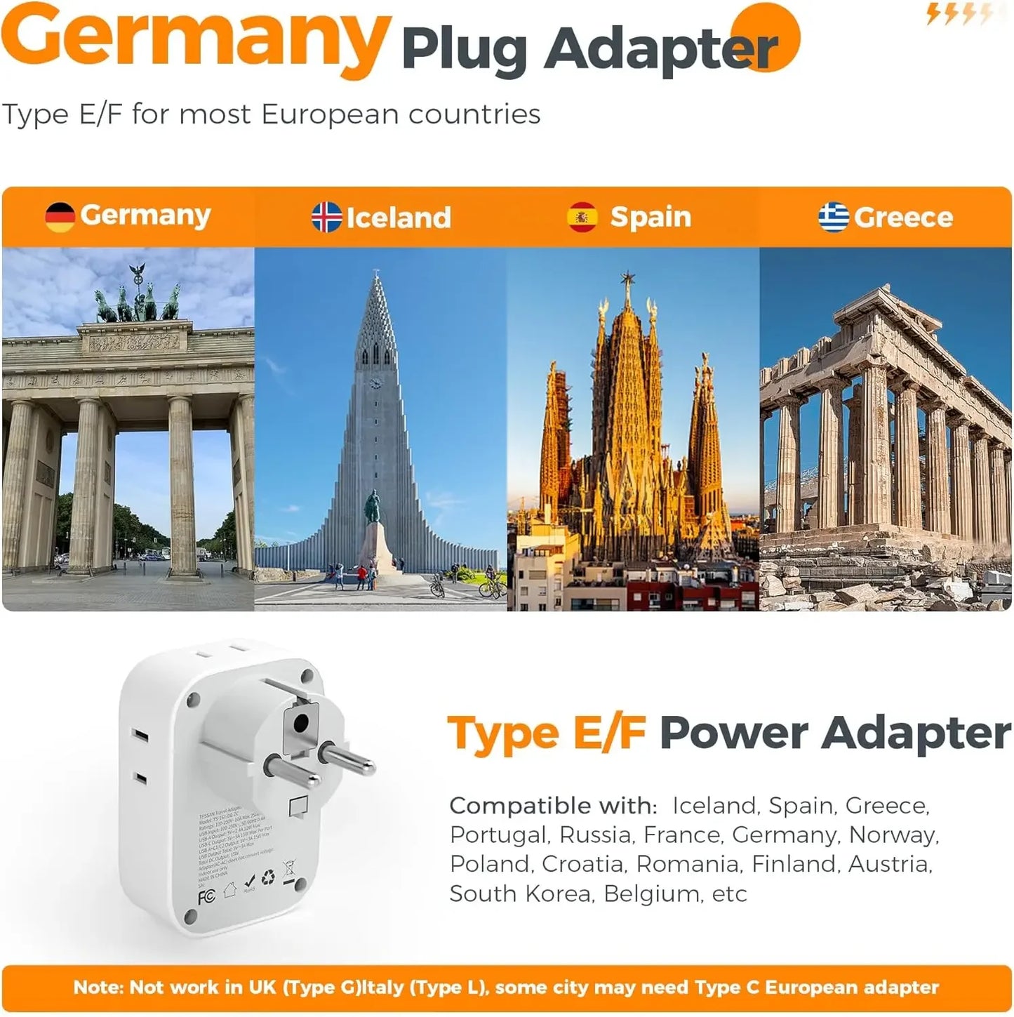 US to EU Plug Adapter – 4 Outlets & 3 USB Ports for Europe Travel