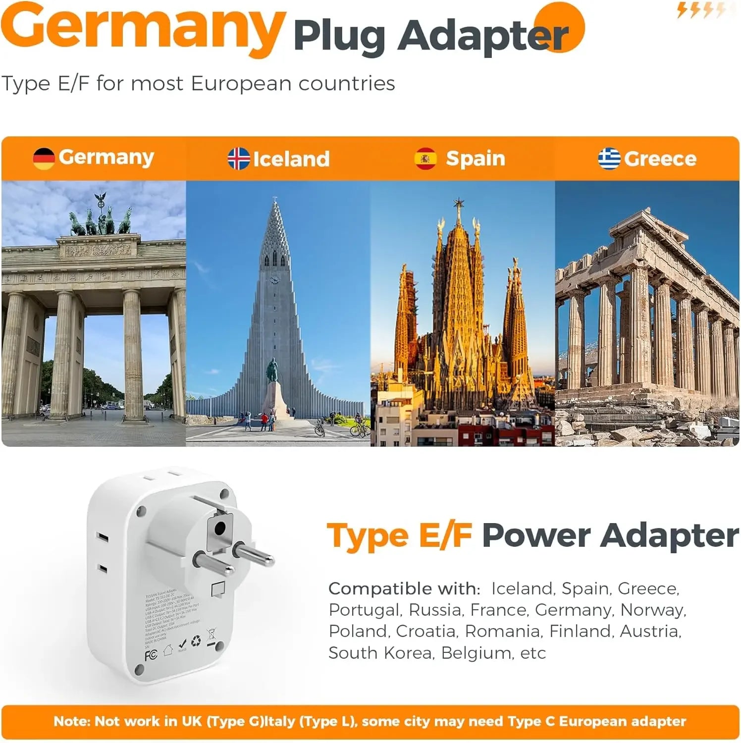 US to EU Plug Adapter – 4 Outlets & 3 USB Ports for Europe Travel