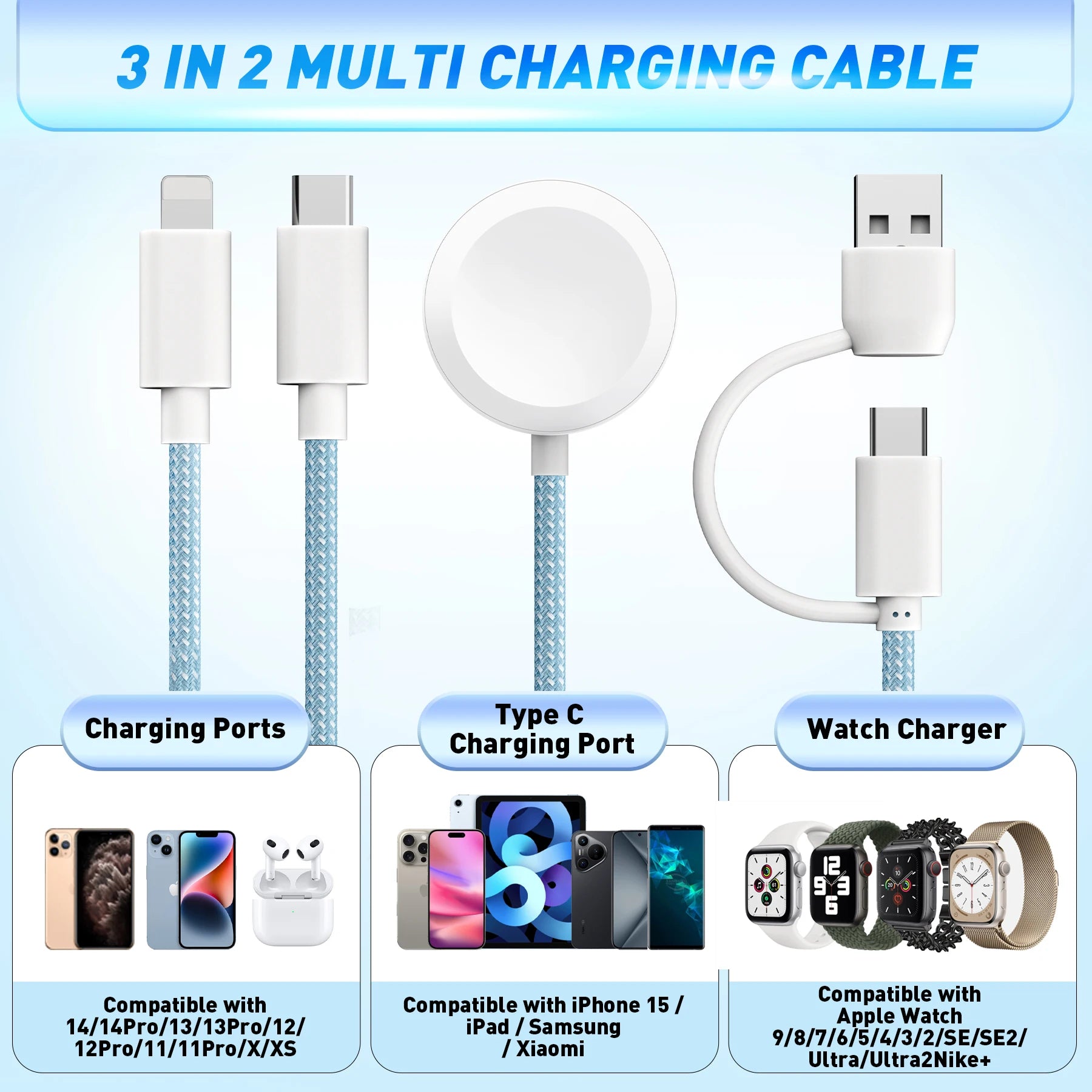 3-in-2 USB-C Data Cable Compatible with Apple Watch