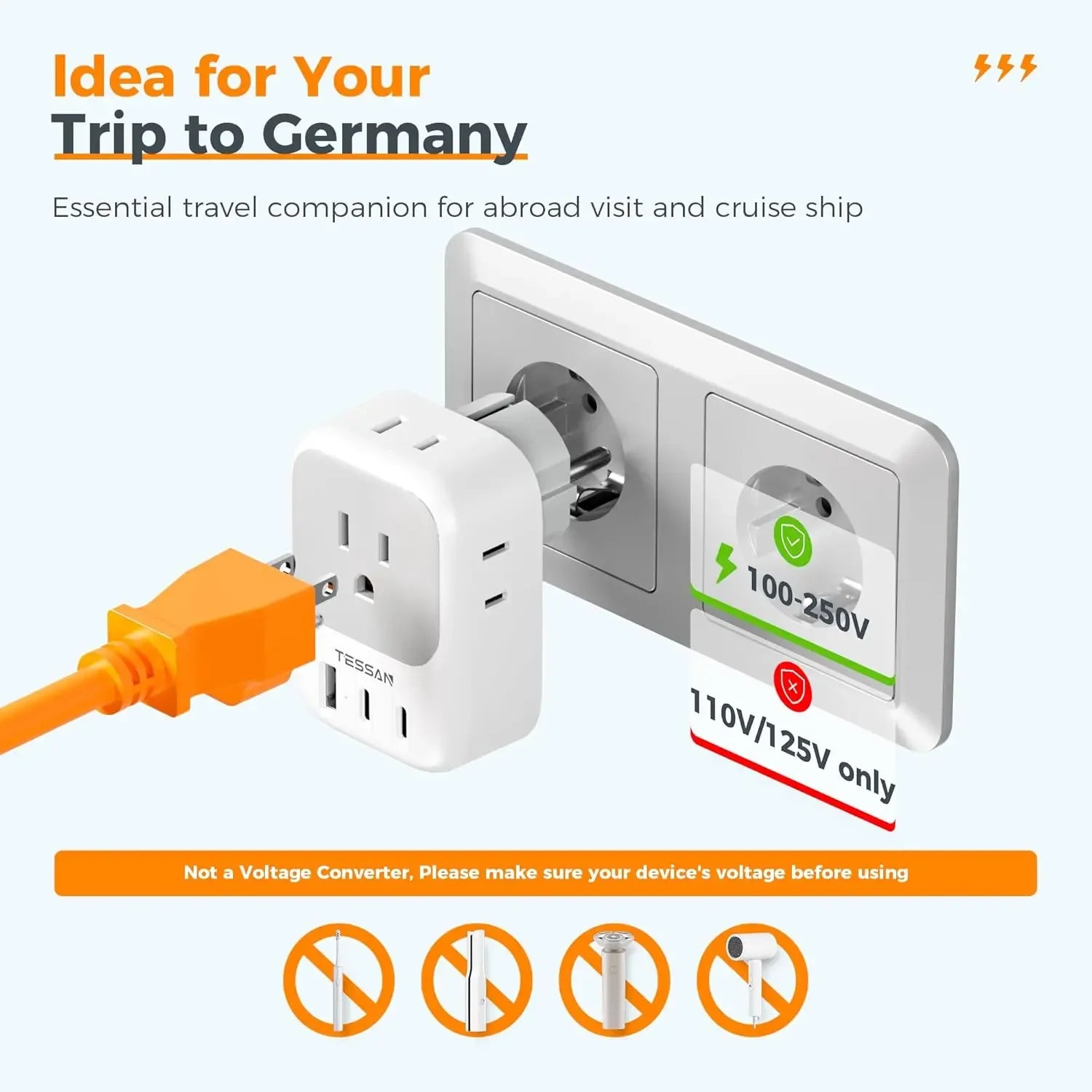 US to EU Plug Adapter – 4 Outlets & 3 USB Ports for Europe Travel