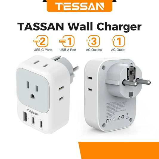 US to EU Plug Adapter – 4 Outlets & 3 USB Ports for Europe Travel
