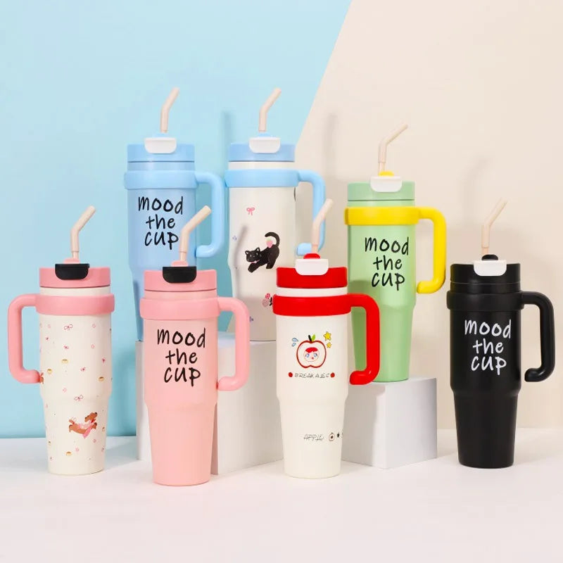  Cute 32oz Stainless Steel Thermos Bottle – Hot & Cold with Straw