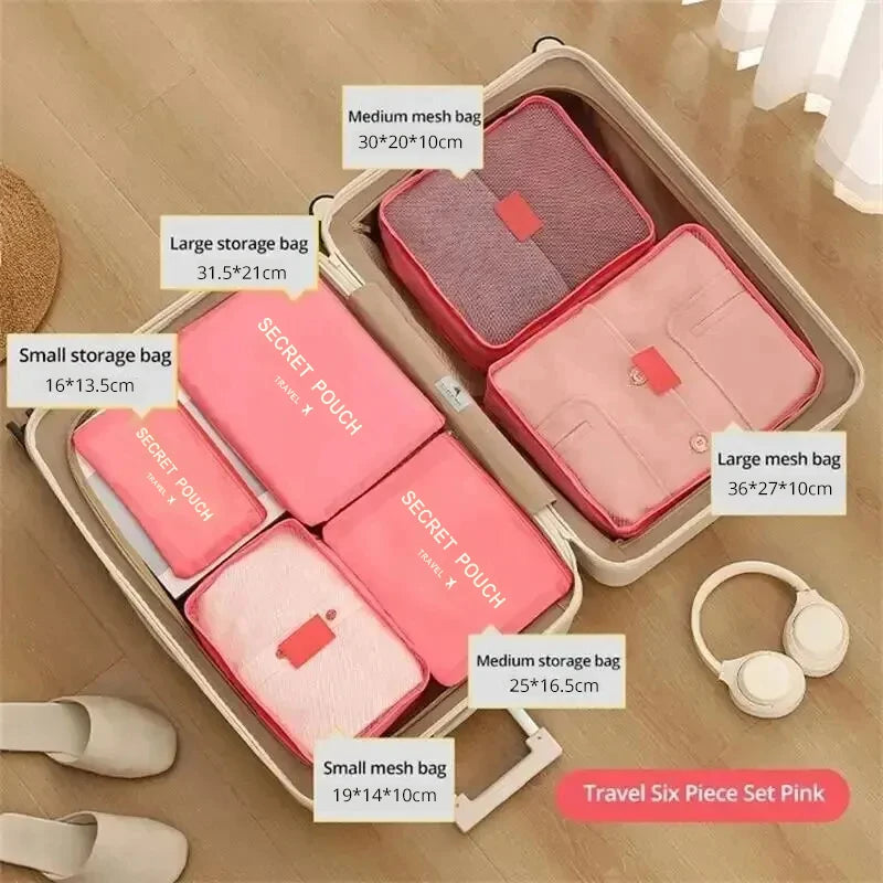 6-Piece Waterproof Travel Storage Bag Set – Pink/Blue/Grey, Zippered Organizer for Clothes & Underwear
