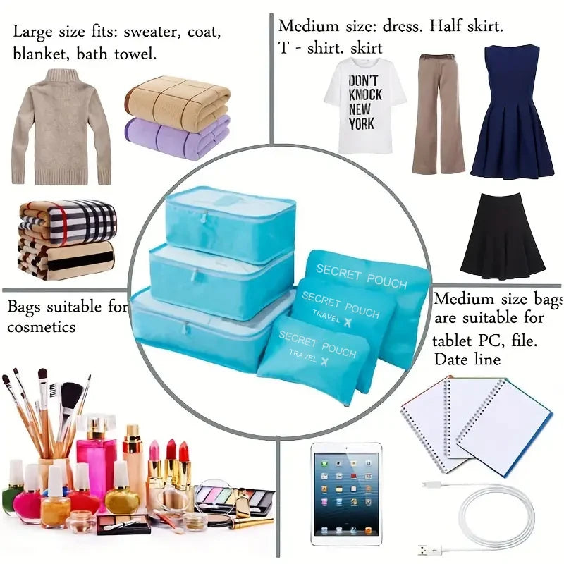 6-Piece Waterproof Travel Storage Bag Set – Pink/Blue/Grey, Zippered Organizer for Clothes & Underwear
