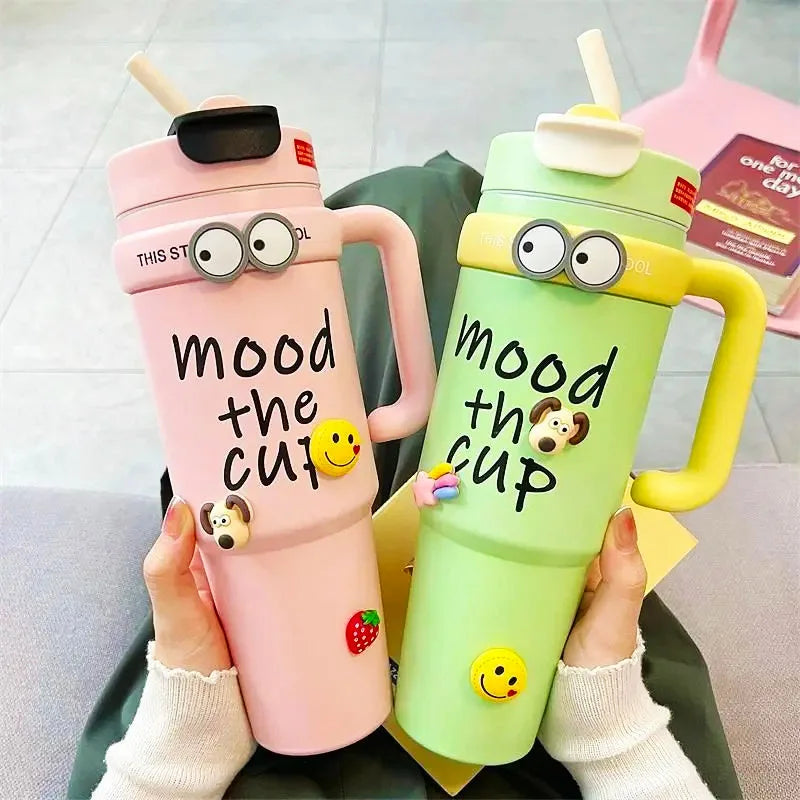  Cute 32oz Stainless Steel Thermos Bottle – Hot & Cold with Straw