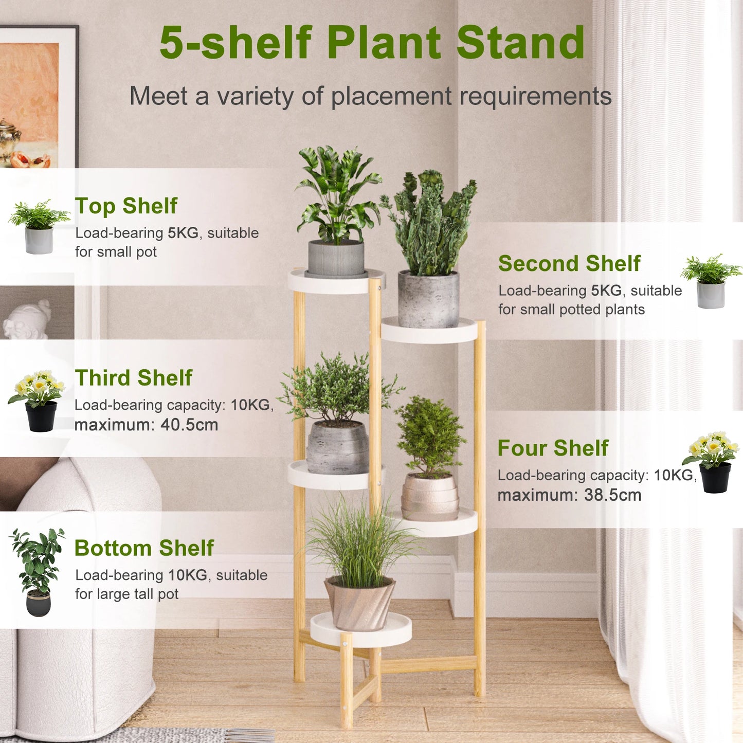 Bamboo Plant Stands Indoor, 5 Tier Tall Corner Plant Stand Holder 