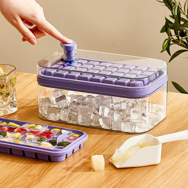 64 Grids One-Button Press Ice Cube Tray with Storage Box 2 Layers 