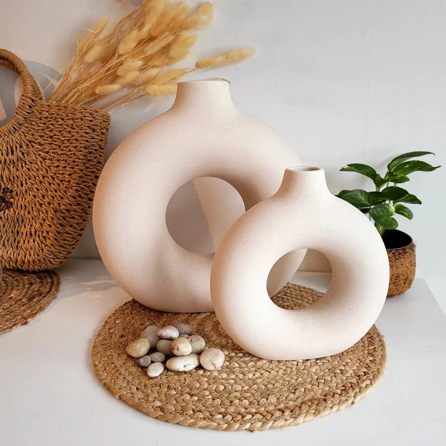 Ceramic Vases for Home Decor, Set of 2 Donut Vases, Modern Vase, White Vases