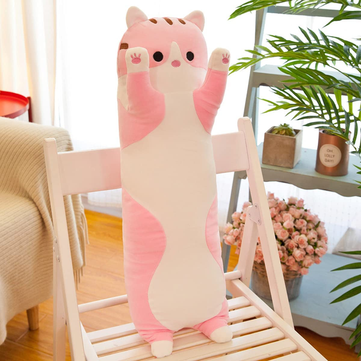 Long Stuffed Cat Plush Pillow (Pink,27.5Inch)