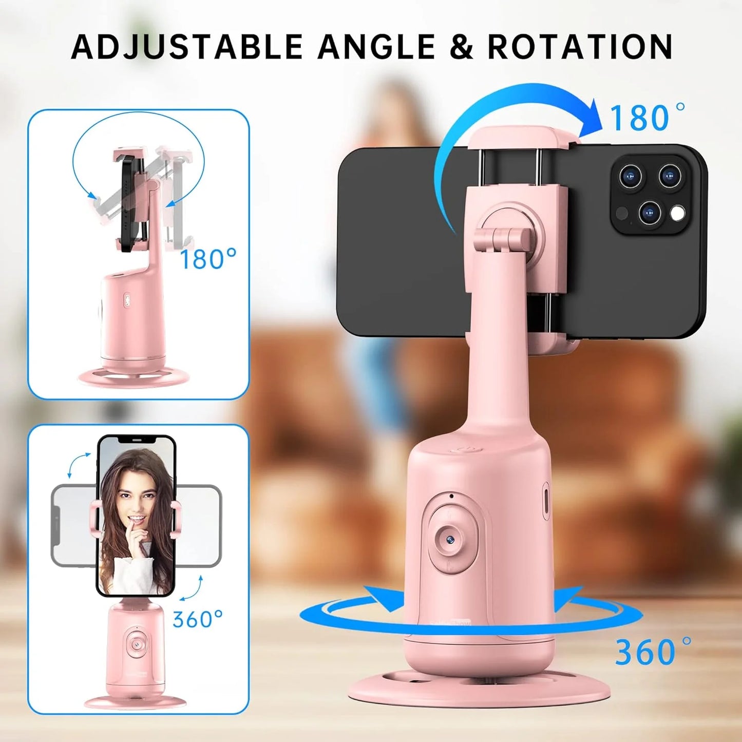 Auto Face Tracking Tripod – 360° Rotating Phone Mount for Live Video & Vlogging, Pink