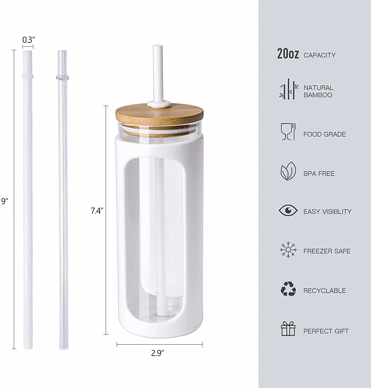 20Oz Glass Water Tumbler with Straw and Lid